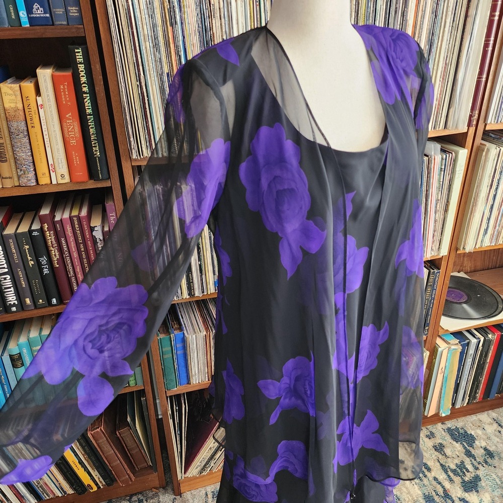 16 two piece dress sleeveless black purple floral midi with sheer top layer